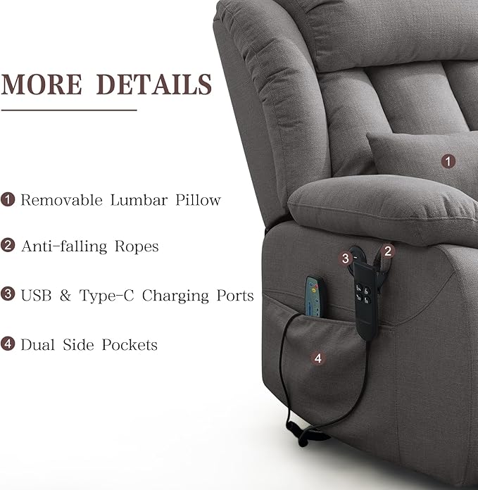 Infinite Position Lay Flat Lift Recliner Chair for Adults Dual Motor Power Lift Chair for Elderly with Massage &amp Heating USB Ports Remote Control &amp Lumbar Pillow Linen Fabric (Grey)