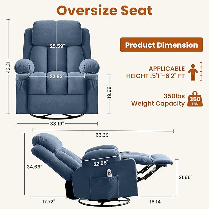 Massage Recliner Chair with Vibration Massage and Lumbar Heating for Living Room Swivel Rocker Recliners Single Sofa with Side Pocket &amp 2 Cup Holders Soft Comfort Ergonomic Design (Blue)