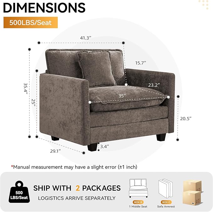 41'' Modern Chenille Oversized Chair Upholstered Accent Living Room Chair with Extra Thicked Deep Seat Single Lounge Chair for Bedroom Small Apartment Brown
