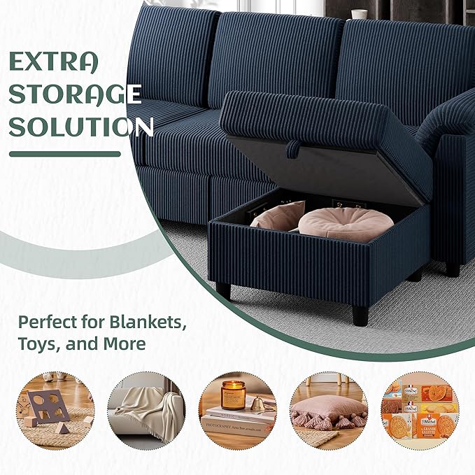 Vongrasig Convertible Sectional Sofa Couch 3 Seat L Shaped Sofa with Removable Pillows Soft Corduroy Fabric Small Couch Mid Century for Living Room Apartment and Office (Blue)