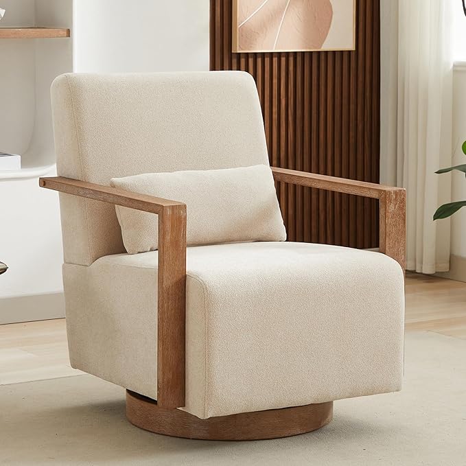Beige Swivel Accent Chair Mid Century Modern Swivel Barrel Chair for Living Room Comfy Accent Chair 360 Degree Upholstered Armchair for Bedroom Nursery Linen