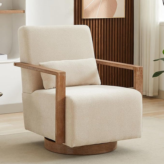 Beige Swivel Accent Chair Mid Century Modern Swivel Barrel Chair for Living Room Comfy Accent Chair 360 Degree Upholstered Armchair for Bedroom Nursery Linen
