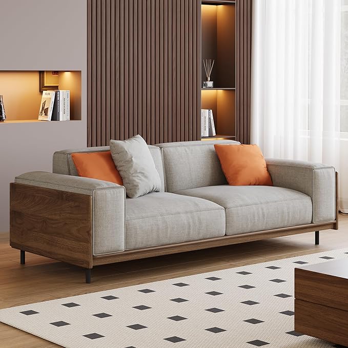 64.56 Mid-Century Modern 2-Seater Fabric Sofa Couch with Sturdy Solid Wood Frame &amp High-Density Rebound Foam Upholstered Futon-Style Furniture for Living Room Apartment Office Grey
