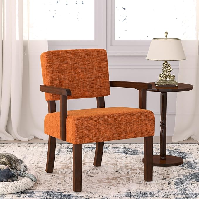Mid Century Modern Accent ChairArmchairs with Solid Wood Frame and LegsUpholstered Reading Leisure Chair for Living RoomBedroomOfficeWaiting Room (Orange)