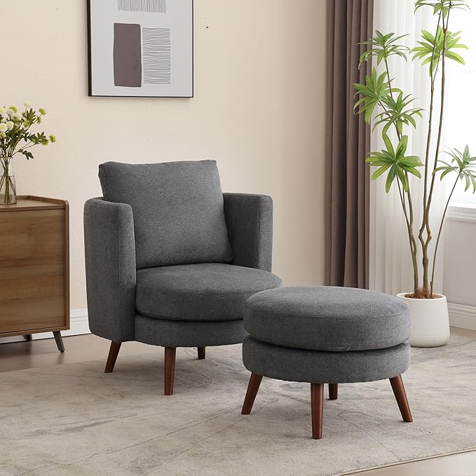 Generic 30.7 Wide Accent Chair with Ottoman Armchair Upholstered Reading Chair Single Sofa with Wooden Leg and Throw Pillow for Living Room Bedroom Dorm Room Office Charcoal Polyester Blend
