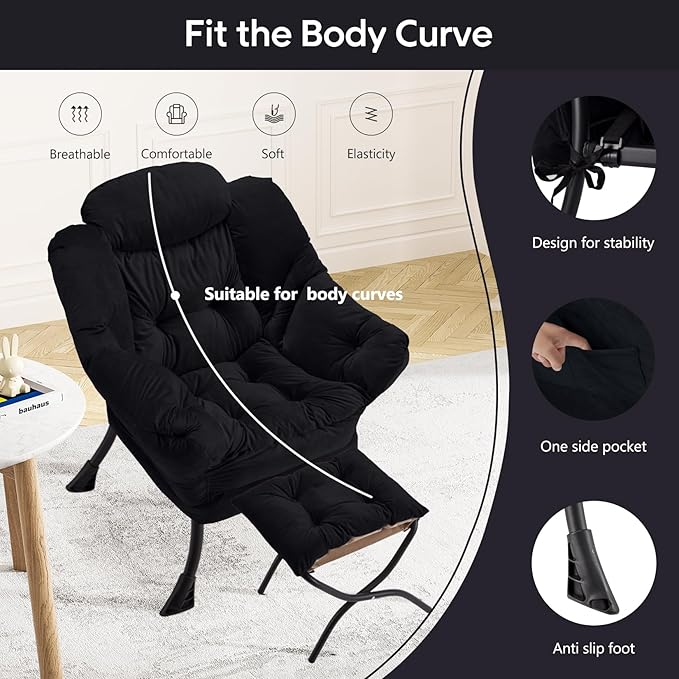 Lazy Chair with Folding Ottoman Modern Large Accent ChairContemporary Lounge Leisure Sofa Chair with Armrests Upholstered Sofa Armchair Reading Chair for BedroomDorm &amp Office(Black-f)
