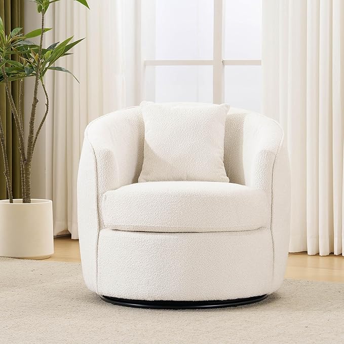 Swivel Barrel Chairs 32 Inches Wide No Assembly Round Upholstered Armchairs Accent Chairs Single Sofa Chair for Living Room (Cream Set of 1)