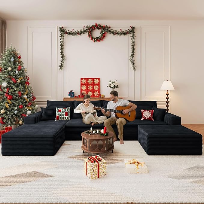 136 U Shaped Cloud Sectional Couch with Fluffy Corduroy Deep Memory Foam Seats Sofa with 1 Ottoman for Living Room No Assembly Required(BlackLeft-Facing Chaise)