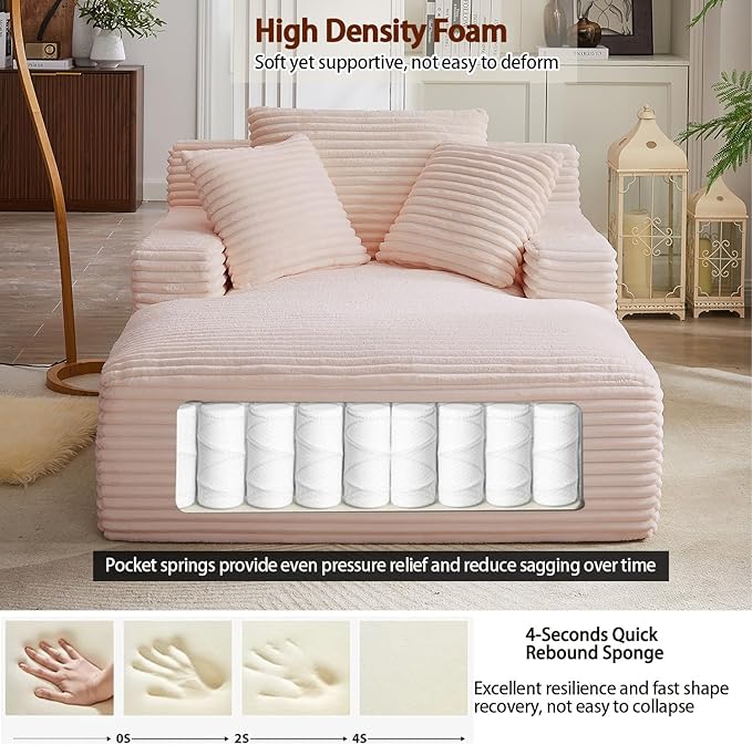 50 Inch Oversized Chaise Lounge Chair Corduroy Upholstered Sleeper Sofa Bed with Spring Cushion No Assembly Lazy Boneless Chaise Lounge for Bedroom Office Pink