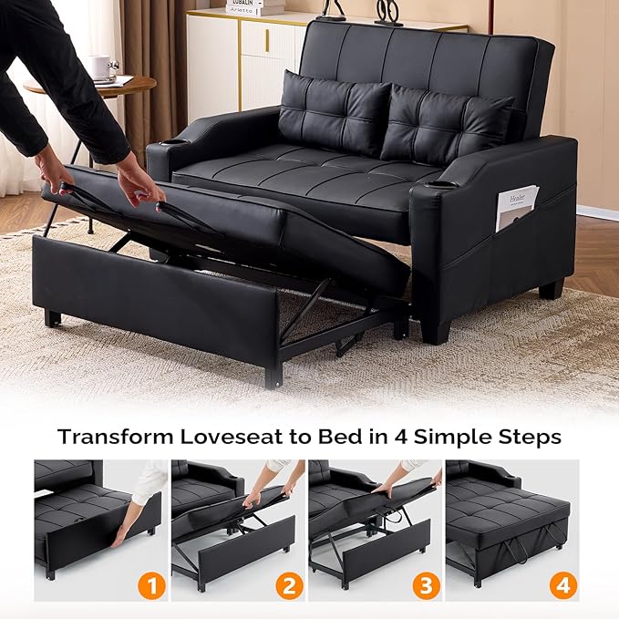 VINGLI Black Futon Sofa Bed Convertible Loveseat Sleeper Couch Faux Leather Pullout Sofa Fold Out Couch Bed with USB Ports Cup Holders Armrest for Living Room Bedroom Apartment Room