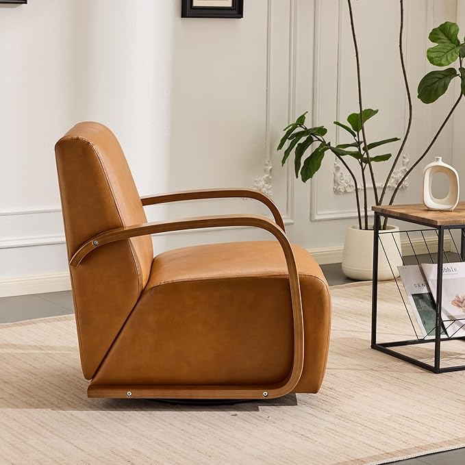Vintage-Inspired Swivel Accent Chair with Luxe Faux Leather &amp Solid Wood Armrests Ergonomic Comfort for Living Room Office and Bedroom Compact Single Seater