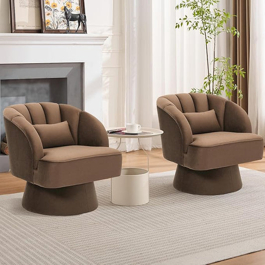 GarveeHome Modern Swivel Barrel Accent Chair 360 Degree Velvet Upholstered Armchair with Striped Backrest &amp Plush Padding Comfy Round Lounge Chair for Living Room Bedroom Reading Nook Brown 2