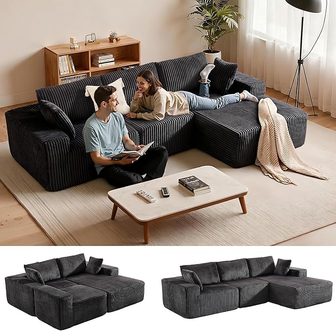 Apicizon 113 Boneless Sectional Sofa Couch for Living Room L-Shape Modular Boneless Sectional Couches Sofa Bed with Chaise Longue for ApartmentNo Assembly Required (Stripe Corduroy Gray)