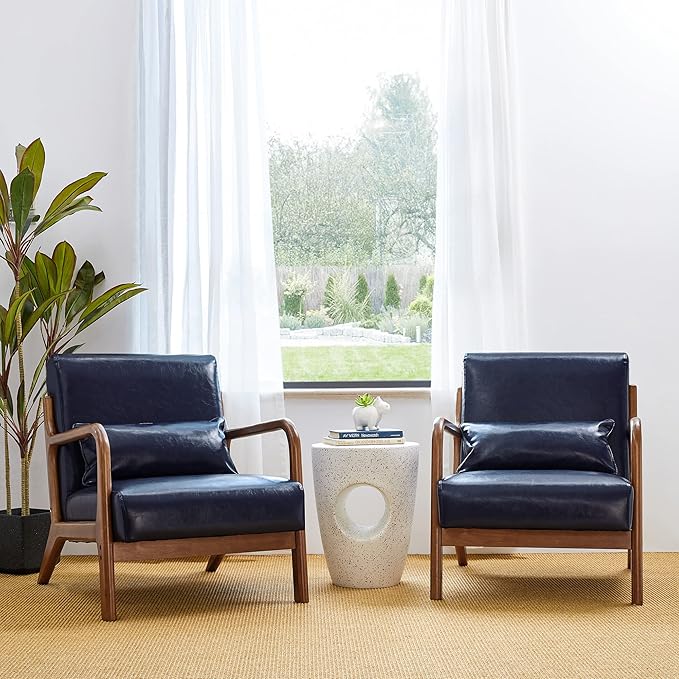 Glitzhome 30.75 H Mid Century Navy Blue Accent Armchair Single Reading Armchair PU Leather Lounge Chair with Walnut Ruberwood Frame