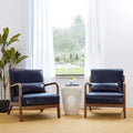 Glitzhome 2 Set Mid Century Navy Blue Accent Armchair Single Reading Armchair PU Leather Lounge Chair with Walnut Ruberwood Frame