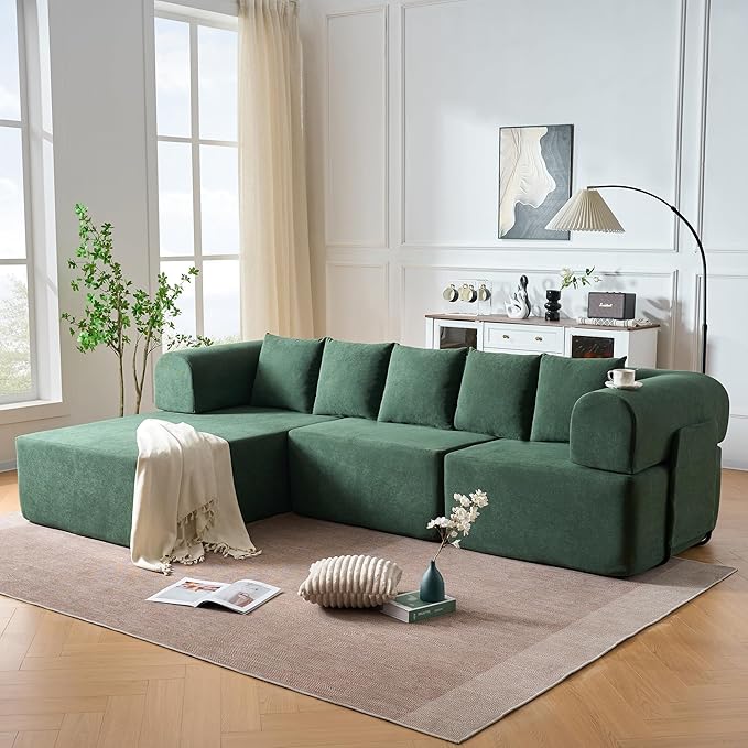 Boneless L-Shaped Modular Couch - 106 Inch Cloud Velvet Sectional SofaDeep Seating Comfort No Assembly Required Ideal for Apartments &amp Living RoomsGreen