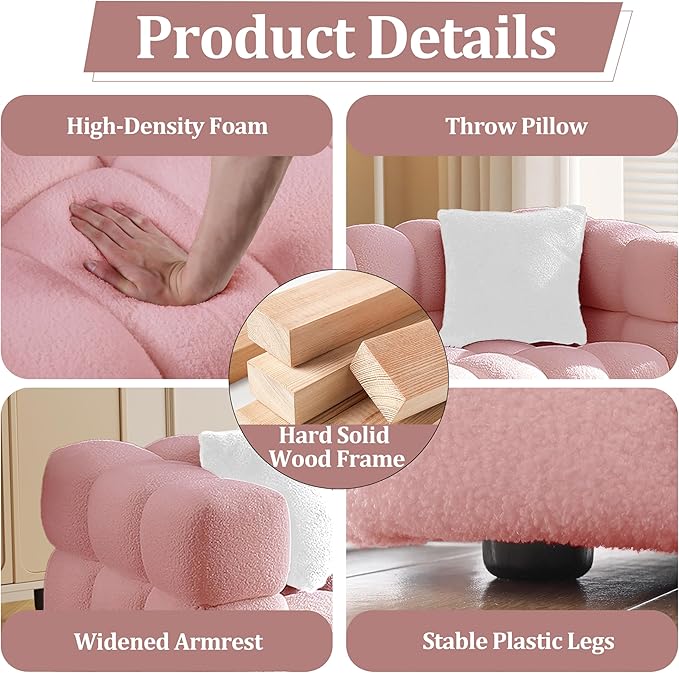 Modern Boucle Loveseat Couch for Living Room 61'' Sherpa Upholstered Sofa Couch Comfy Cloud Deep Seat Sofa Luxury Minimalist Plush Fluffy Couch for Small Apartment Office 2 Pillows Pink