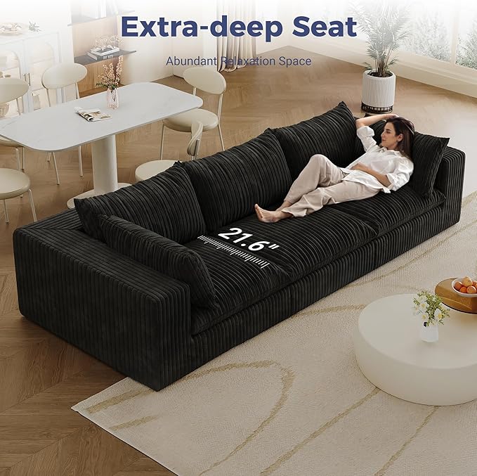 118.2 Modular Boneless Sofa 3 Seater Cloud Sectional Couches for Living Room Deep Seat Corduroy Upholstered Couch Furniture Set No Assembly Required (Black 3 Seater)