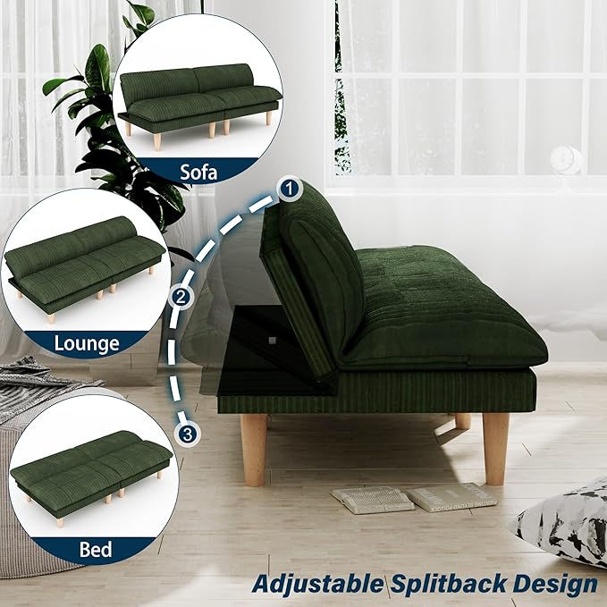 3 Sets 69 Futon Sofa Bed 4 in 1 Multi-Function Couch Sleeper with Adjustable Backrest Modern Convertible Futon Recliner Small Loveseat for Living Room Plush Green
