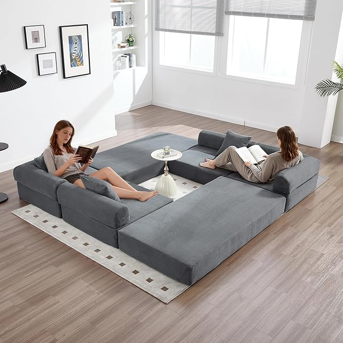 10-in-1 Folding Convertible Sofa Bed 141 Inch Boneless Couch with Fixed-Shape Frame Corduroy Modular Sectional Sofa Mattress Sleeper Sofa Floor Sofa Futon Couch for Living Room (Grey)