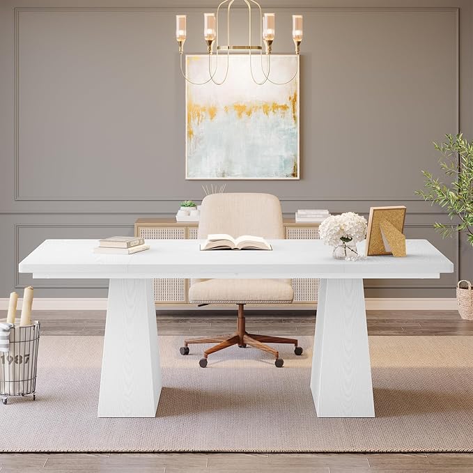 Tribesigns 63-Inch Executive Desk Large Office Computer Desk with Double Pedestal Modern Simple Workstations Writing Table Conference Table Business Furniture for Home Office White