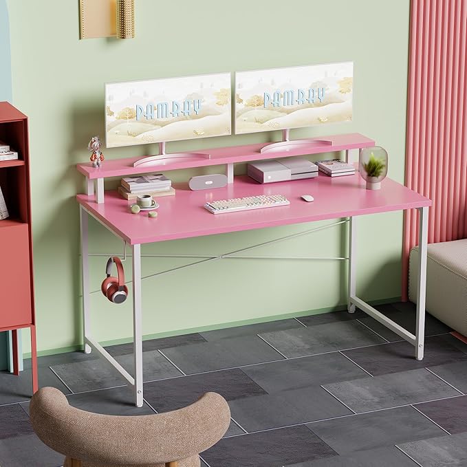 Pamray 47 Inch Small Computer Desk with Monitor Stand Simple Office Desk with Headphone Hook for Small Spaces Kids Study Writing Table for Bedroom Pink