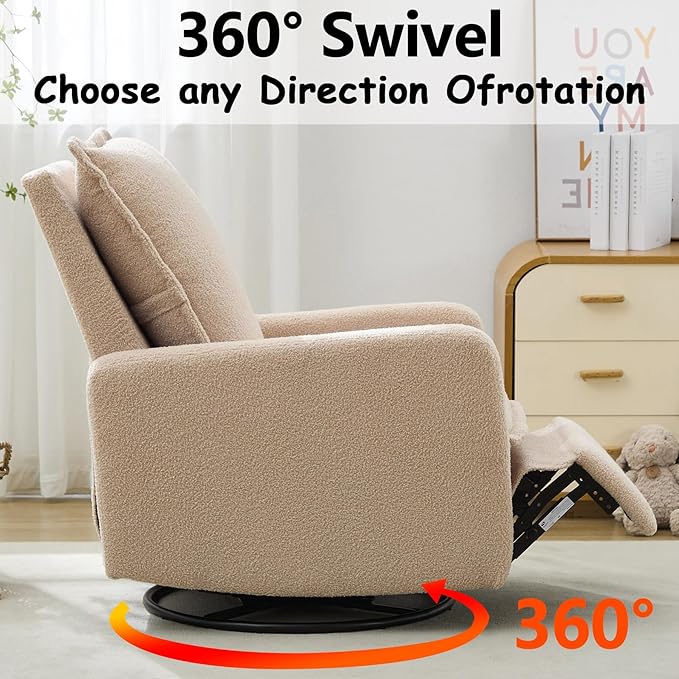 Glider Recliner Nursery Chair with Comfy Cushion Rocker Swivel Recliner Chairs for Small Spaces Swivel Rocking Recliner Chairs for Adults Lazy Boy Recliner Chair for BedroomBoucle(Oatmeal)