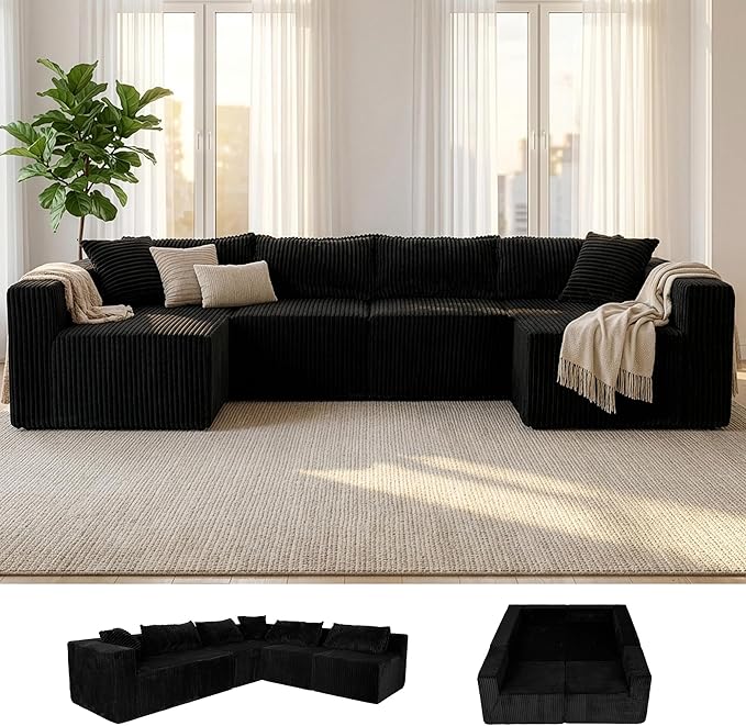 128 U-Shaped Boneless Couch Modern Sectional Modular Couch with Double Chaise Deep Seat Boneless Couches for Living Room Bedroom No Assembly Required Blck