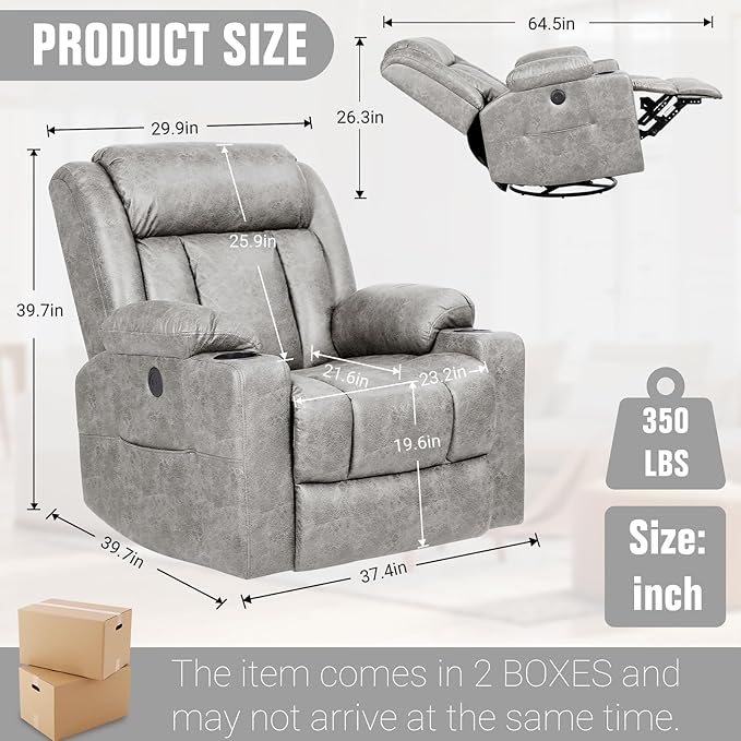 LEVELEVE Retro Rocking Recliner Chair Massage Rocker Recliner Chair with Vibration Massage and Heat USB and Type-C Ports360° Swivel ChairsLiving Room Bedroom Nursery RV Light Grey