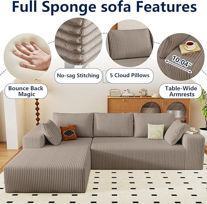 Modular Sectional Sofa Cloud Sectional Couch 96 Comfy Fluffy L-Shaped Couches for Living Room Deep Seat Memory Foam Plush Corduroy Boneless Couch Sectionals No Assembly (CamelLeft-Facing Chaise)