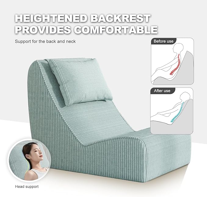 Giant Bean Bag Chair for AdultsCorduroy Chaise Lounge with Unrivaled Back Support Detachable Neck Pillow Comfortable Ottoman &amp Washable Cover for Living Room Bedroom Garden(Mint Green)