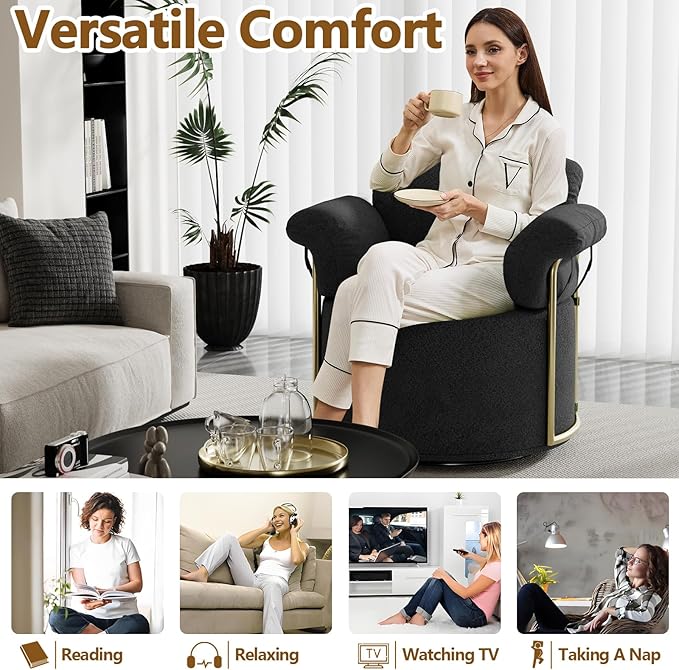 Swivel Accent Chairs for Living Room 360 Swivel Barrel Chair with Arm for Bedroom Upholstered Round Chair &amp Corner Chairs with Gold Frame for Small Spaces Chenille (Black)