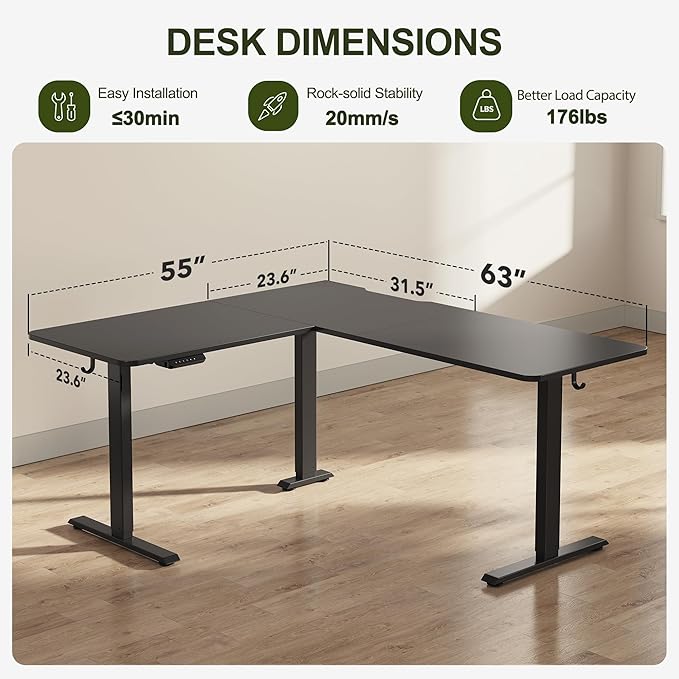 BANTI L-Shaped Standing Desk - 63 x 55 Inch Adjustable Corner Standing Desk with Charging Station - L Shape Sit Stand Table with Memory Controller Splice Board for Home Office Black