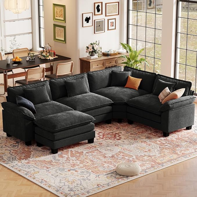 CDCASA 117 Oversized L-Shaped Modular Sectional Cloud Couch with Corner Comfy 5-Seat Sofa w/Ottoman Chenille Deep Seat Modern Sofa Couch for Living Room Apartment DIY Combination Black