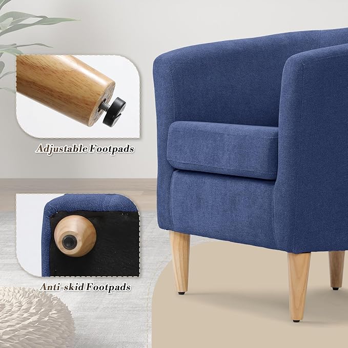 Athena Collection Modern Accent Chair with Ottoman Linen Barrel Sofa Chair Comfy Upholstered Armchair Reading Chair with Thickened Seat Cushion for Bedroom Living Room Navy Blue