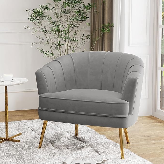 Velvet Accent Chair for Living Room Bedroom Office - Upholstered Single Sofa Arm Chair With Metal Legs Comfy for Reading Leisure Club Coffee - Grey