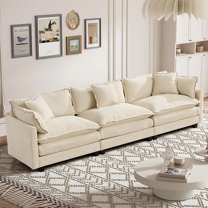 111.5” Modular Sectional Sofa Convertible Couches 3 Seater Chenille Deep Seat Cloud Couch with Pillows for Living Room Apartment Office(Beige)