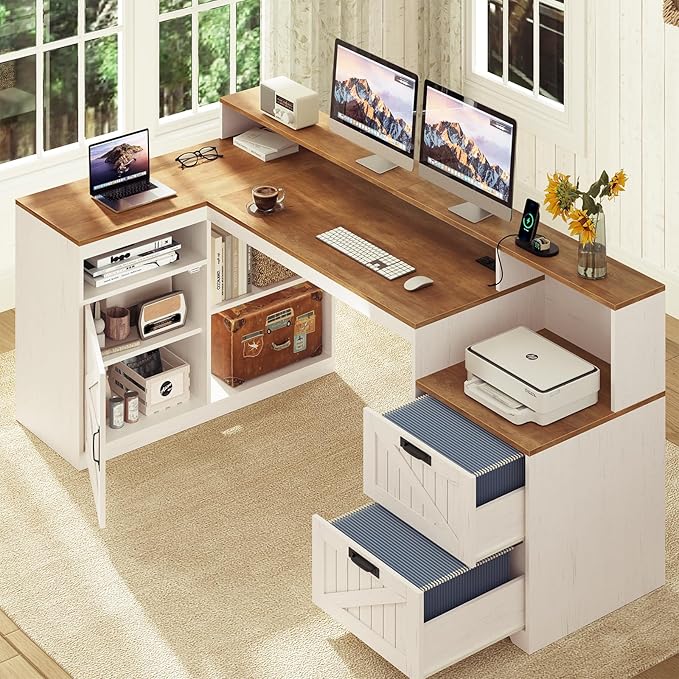 TVU Farmhouse L Shaped Desk with Drawers 62.2 Home Office Desk with Storage Shelves and Power Outlet L Shaped Computer Desk with Monitor Stand and Printer Shelf Brown and White