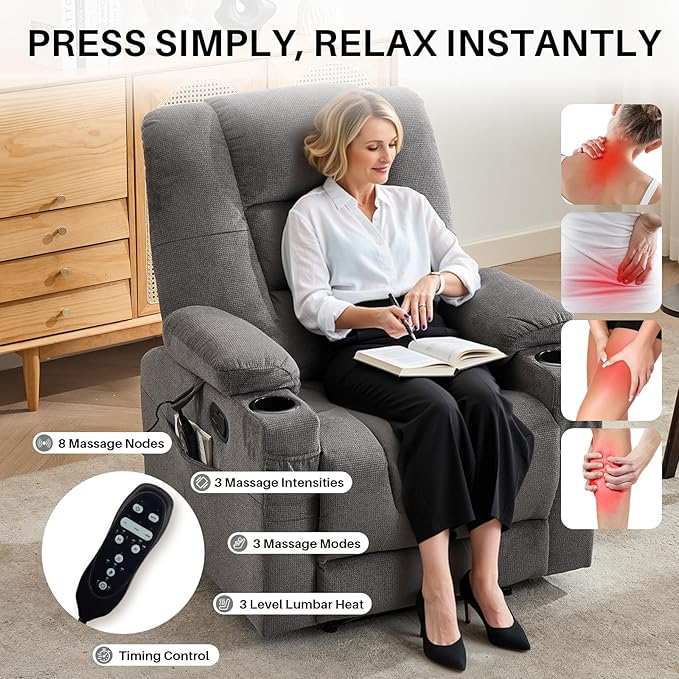 Recliner Chair with Massage and HeatChenille Recliner Sofa Chairs for AdultsWall Hugger Recliners for Living Room Reclining Armchairs with Cupholders Dark Gray