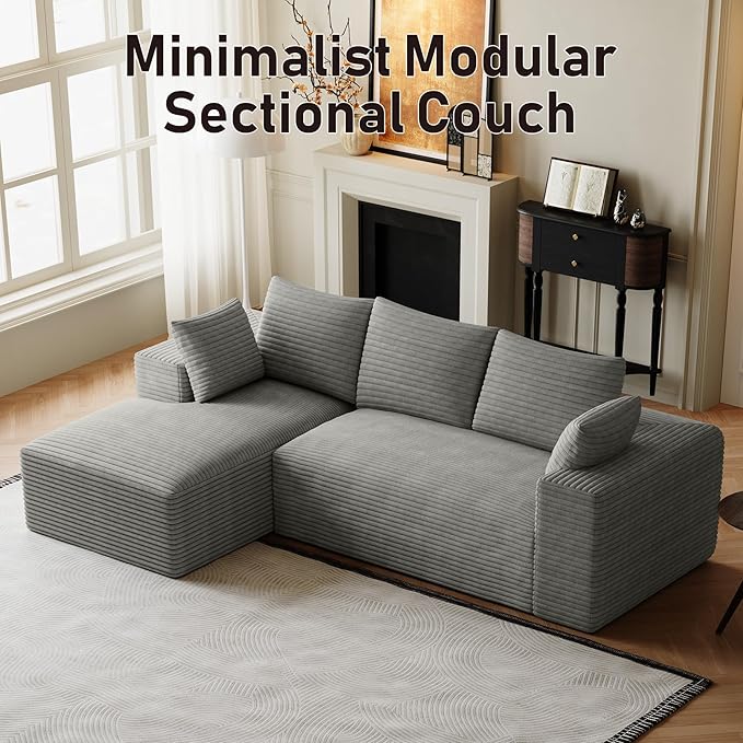 107 Sectional Couches for Living Room Comfy L Shaped Boneless Couches Modern Deep Seat Modular Sofa Cloud Corduroy Couch with Left Facing Chaise No Assembly Needed Light Grey