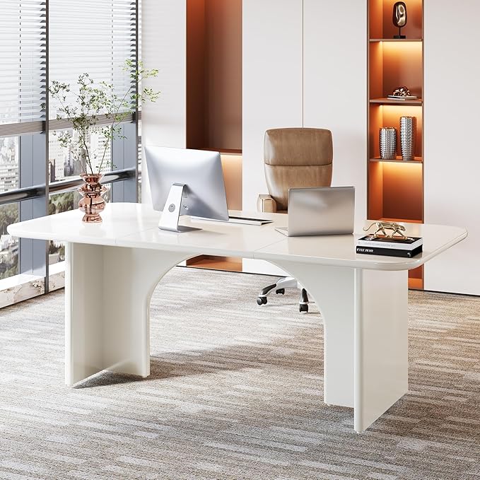 Tribesigns Modern White Desk Large Minimalist Executive Office Computer Desk Writing Study Makeup Vanity Table Workstation with Arch Design Legs 63 x 31.5 inch