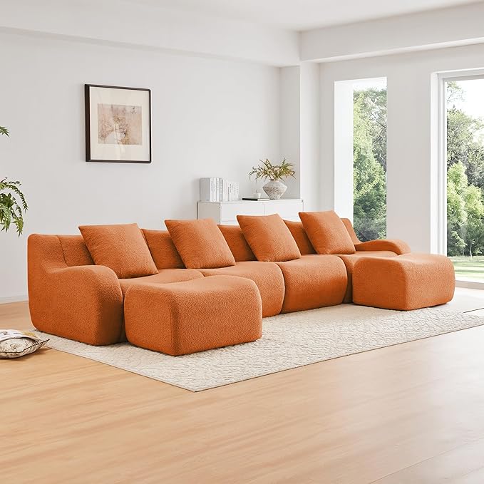Modular Sectional Sofa for Living Room 148 U-Shaped Orange Boneless Cloud Couch with 2 Ottoman4-Seat Teddy Fabric Sofa Deep Seat Curved ArmrestStreamlined Ergonomic Design