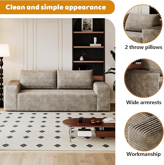 63 Sofa in a Box Compressed Boneless Couch with Wide Armrests &amp 2 Cushions Cloud loveseat Sofa for Living Room Memory Foam Deep Seat Corduroy Fabric No Assembly (Camel 2)