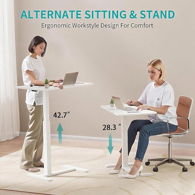 Rolling Teacher Standing Desk with Hidden WheelsPneumatic Mobile Laptop Table Height Adjustable Small Sit Standing Desk for Home OfficeWhite