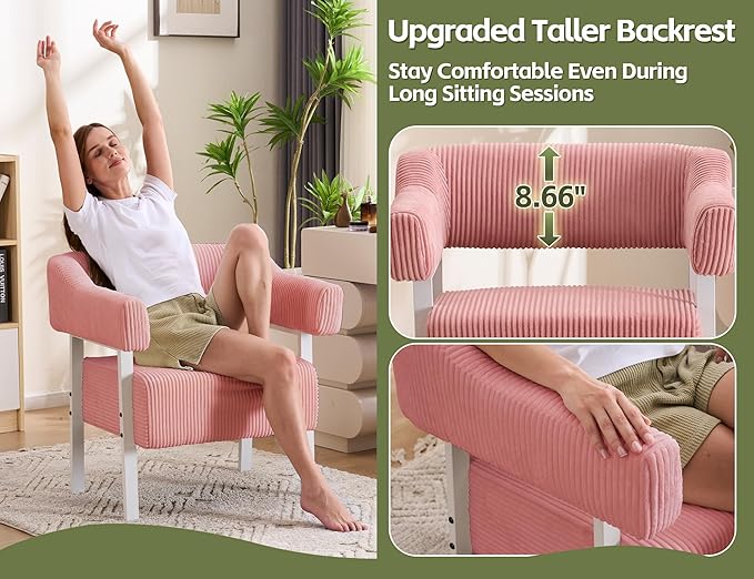 Mistpeople Corduroy Barrel Accent Chair Modern Upholstered Armchair with Metal Legs Cozy Corner Chair for Living Room Bedroom Vanity Office Reading Nook Pink Whiteleg