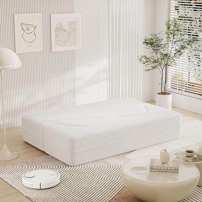 78 Convertible Floor Sofa Bed 2-in-1 Folding Loveseat Sleeper No-Assembly Cloud Couch for Living Room Small Spaces Guest Room White