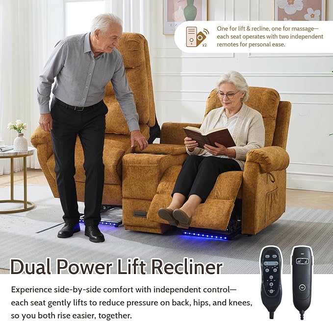 Power Lift Recliner LoveseatVelvet Reclining Loveseat Sofa RV Couch with ConsoleDual Power Lift Recliner Chair for Elderly with Heat and MassageElectric Lift Chairs for Living Room (Yellow)