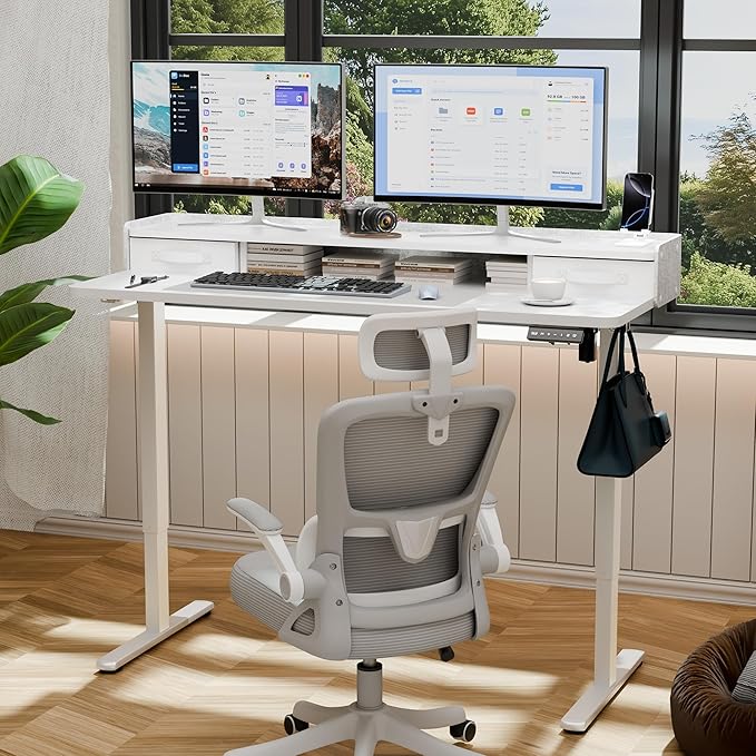 YESHOMY 55 x 23 Electric Standing Desk with 2 Drawers Height Adjustable Computer Desk Low Noise Home Office Stand Up Desk with 2 Preset Heights &amp 2 Hooks White
