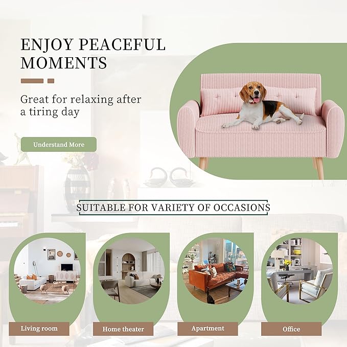 Vongrasig 47 Small Modern Loveseat Sofa Mid Century Soft Corduroy Fabric 2-Seat Sofa Couch Tufted Love Seat with Back Cushions and Tapered Legs for Living Room Bedroom and Small Space (Pink)