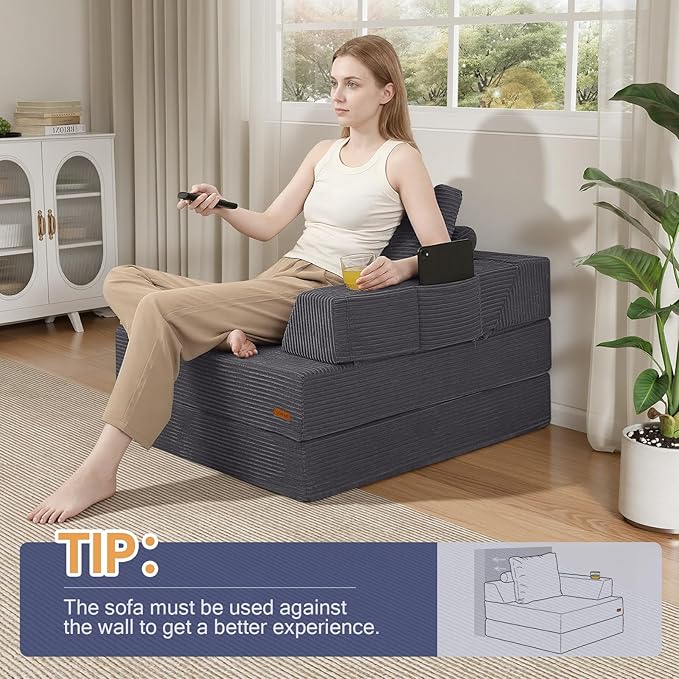 COMAX Folding Sofa Bed Foldable Couch for Bedroom Corduroy Convertible Floor Sleeper Futon Chair Foam 3 in 1 Fold Out Chair Portable Comfy Lounge Couch Single Sofa Bed for Small Space Guest Room